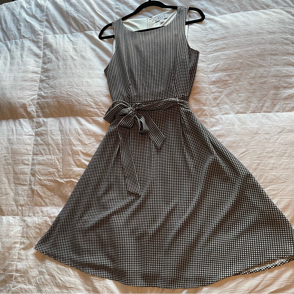 Elle Black and White Checkered Dress with Sash